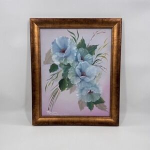 Original Signed Hibiscus Floral Painting Blue Flowers Gold Frame 20x24
